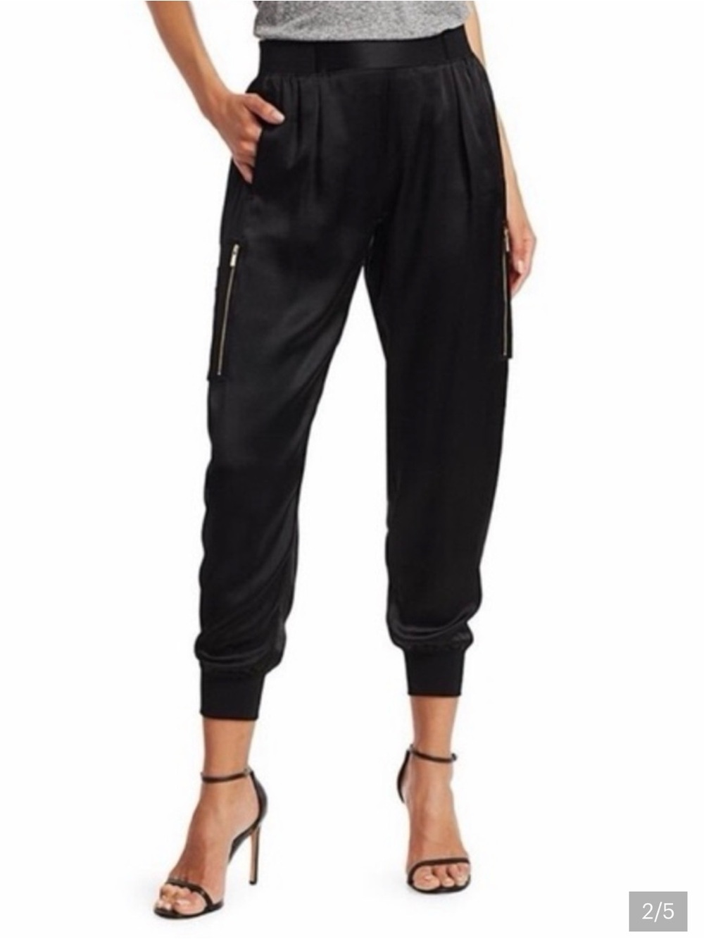 Women’s ATM Black Satin Jogger Pants with Gold Zip Pockets